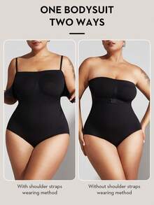 1 pieza Mono sin tirantes sin costuras para mujer talla grande, con tirantes desmontables, efecto estilizante y moldeador, color negro, para verano - Negro - Ver 4