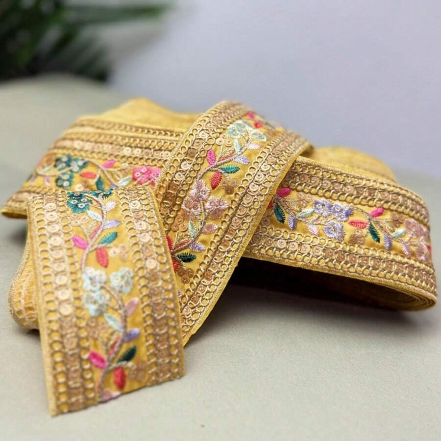 Viền ren đính kim sa thêu, ruy băng dệt màu vàng mù tạt, trang trí váy. - màu vàng - Xem 1