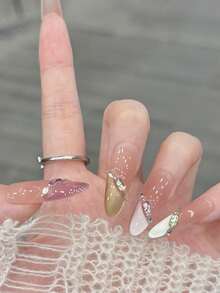 10pcs/Set Press On Nail Tips, Rainbow Candy, Spring And Summer, Multi Color, Glittering, Cat's Eye, Studded With Rhinestones, French Style, Elegant, Handcrafted, Wearable Nail Art. - Multicolor - View 3