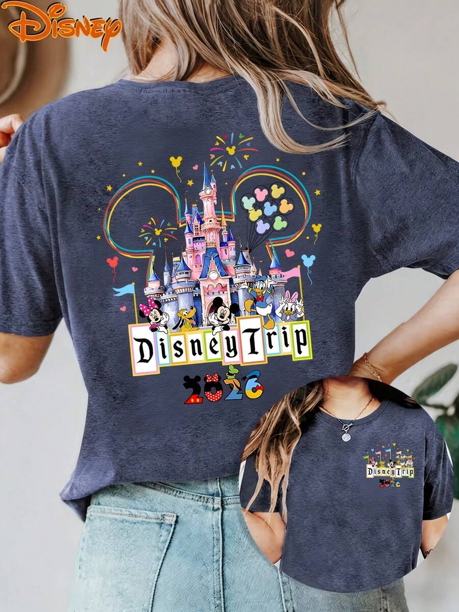 Disney License T Shirts,Disney 2026 Disney Trip Mickey Mouse And Friends Women's Graphic T-Shirt, Cute Mickey Minnie Mouse Donald Duck Daisy Duck Pluto Disney Castle Balloon Fireworks Cartoon Print Crew Neck Casual Loose Fit Short Sleeve Tee, Summer Casual Tops For Disney World Theme Park Family Vacation Daily Wear ,Camiseta, Summer Outfits For Women, Summer Clothes, Summer Tops, Tops For Women, Festival Outfits, Summer Tops For Women, Mother's Day, Mother's Day Clothing, Gifts For Family And Friends, Spring Outfits For Women, Officially Licensed Disney T-Shirts, Disney Men's And Women's Spring/Summer Fashion Casual Short-Sleeve T-Shirts - 藍色 - 查看 1