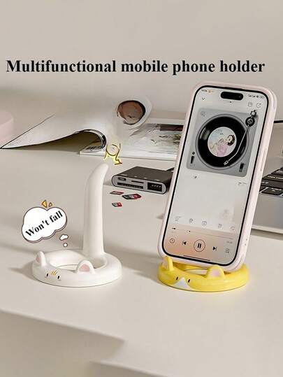 Cartoon Cat Phone Stand, Office Desktop Phone Holder, Creative Cute Cat Tail Tablet Lazy Stand, Car-Mounted Bathroom Desktop 3-In-1 Stand, Strong Suction Cup Cat Phone Grip, Hands-Free Viewing Stand