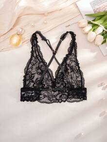 1pc Women's Lace Wireless Comfortable Backless Bra - Black - View 3