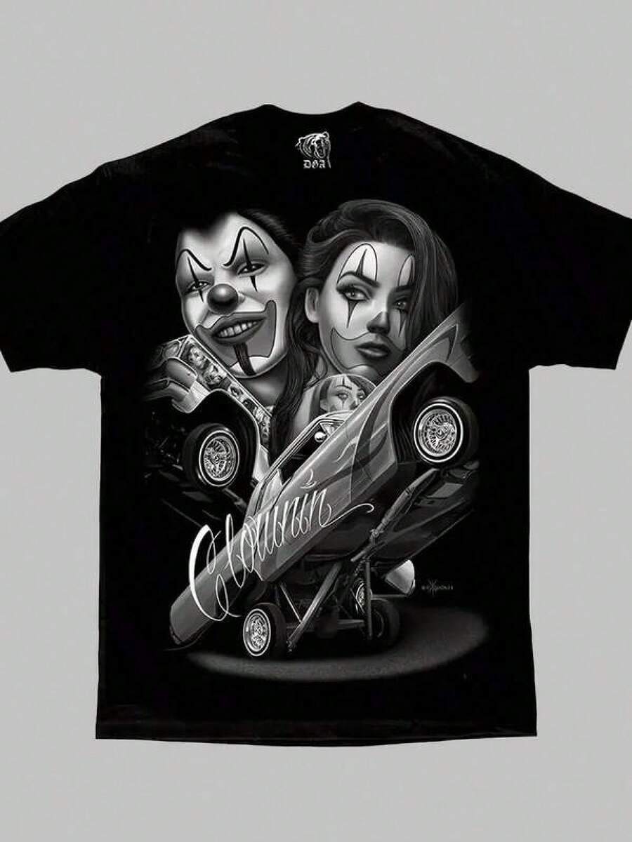[Homies Art] Cotton Homies Art T Shirt, Straight Clowning Payasa Lowrider Chola D Gonzales DGA   Comfortable Men's Round Neck Short Sleeves 180g Back To School Halloween Vintage Shirts Graphic Te - màu đen - Xem 1