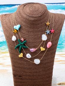 1件装度假海滩风多层树脂贝壳、海龟和星星吊坠项链（女款） - 彩色 - 查看 2