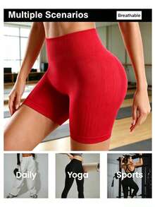 1 chiếc quần short yoga không đường may, co giãn cao, cạp chéo, màu trơn, quần định hình không đường may, nhanh khô, thoáng khí, phù hợp cho chạy bộ, tập thể dục, bộ đồ thể thao nữ mùa xuân/hè. - Đỏ - Xem 3