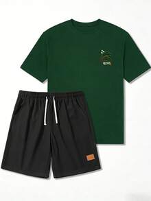 2 piezas Conjunto de estilo japonés para hombres con estampado de grulla y árbol de pino, camiseta de manga corta + pantalones cortos casuales, conjunto de ropa deportiva casual de verano - Verde - Ver 4