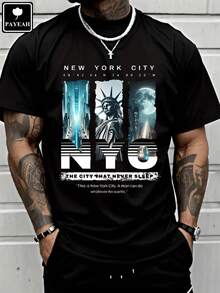 Short-Sleeve Heavyweight Cotton T-Shirt With New York Sky Freedom Graphic PAYEAH 100% Cotton - 黑色 - 查看 6