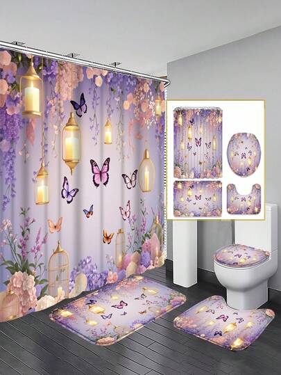 1/3/4 Sets Purple Butterfly Candle Lamp Shower Curtain Set; Dreamy Mori Style Design, Waterproof And Durable, Suitable For Bathroom Decor And Accessories. Size: 71"X71", Includes 12 Hooks, Toilet Seat Cover, Bath Mat And Rug