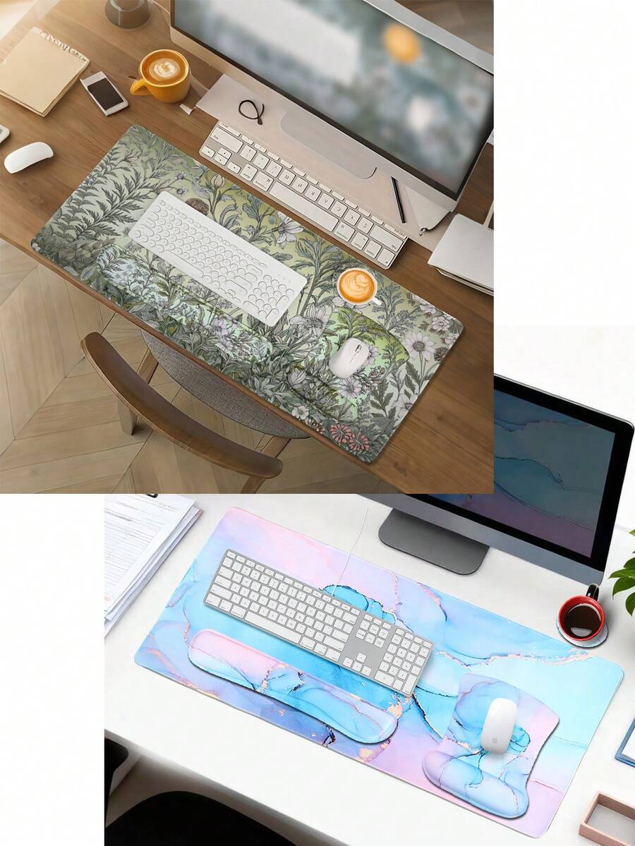 4-delat set med fluga och musmattor - Inkluderar 90*40 cm stor musmatta + handledsstöd för tangentbord + handledsstöd för musmatta + underlägg. Finns i 7 modeller. Ergonomisk design med handledsstöd, halkfri botten, lämplig för olika kontorsmiljöer. - Visa 1