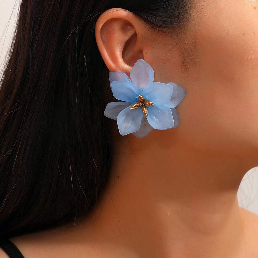 1 Pair Double-Layer Preserved Flower Petal Earrings, Retro Elegant Versatile Earrings Suitable For Daily Wear - Baby Blue - View 1