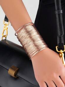 1 pieza Brazalete de moda de metal multicapa exagerado para mujer, versátil y adecuado para usar en fiestas - Oro rosa - B846 - Ver 2