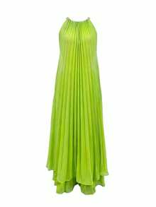 Summer Casual Vacation Solid Color Pleated Backless Tie-Back Top And Skirt 2-Piece Set Women's Outfit, Lightweight And Slightly Sheer Material, Recommended To Pair With Undershirt, Suitable For Summer Wear - Green - View 4