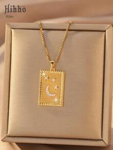 Hihho [1pc] Star & Moon Rectangular Pendant Necklace, Rectangular Pendant Engraved With Crescent Moon & 3 Stars, Delicate Details, Available In Gold/Silver, Suitable For Daily Wear Or Gift - Star and Moon Square - View 6