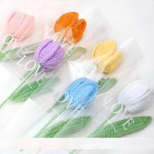 Handmade Crochet Tulip Bouquet, Mixed Color Knitted Artificial Flowers, Spring Hand-Woven Flowers, Realistic Yarn Flowers, Wedding Decoration Flowers, Perfect For Valentine's Day, Mother's Day, Wedding And Graduation Gifts, Tabletop Decor, Home Kitchen Living Room Beautification Decoration, Artificial Flower Decor, Blue And Pink Flowers - Multicolor - View 10