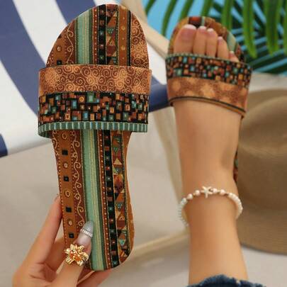 Bohemian Style One-Toe Sandals For Women, Retro Printed Flat Slippers, Summer Outdoor Beach Flip Flops