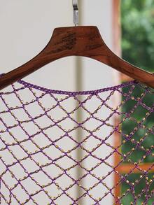 1pc Bohemian Purple Beaded Mesh Shawl, Handmade Crochet Hollow Out Sunscreen Wrap, Suitable For Beach, Party, Wedding, Women's Elegant Crystal Tassel Cape - Purple - View 2