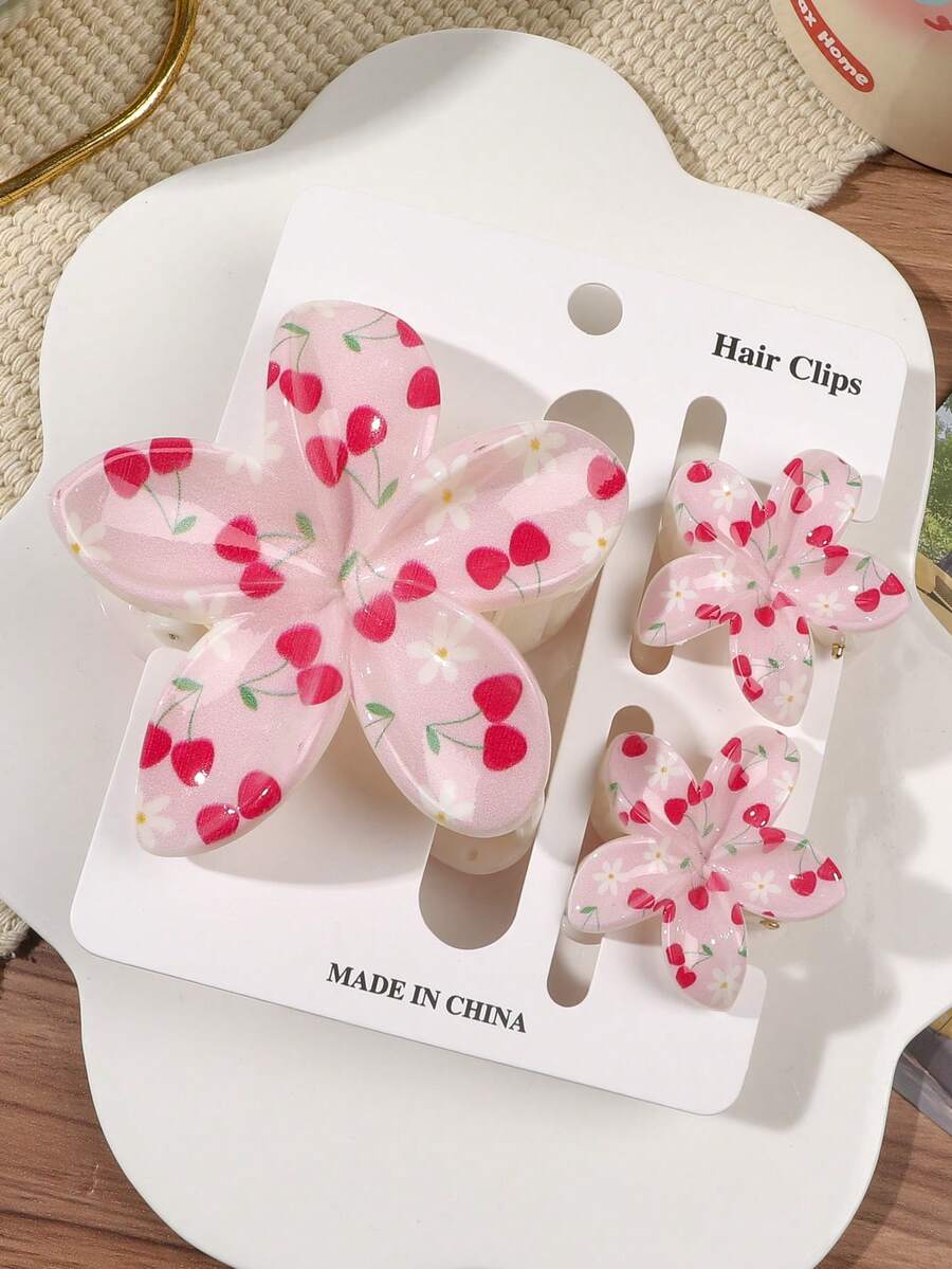 3pcs/Set Pink Cherry Blossom Print Glossy Plumeria Hair Clips, Romantic Spring Vibe, Suitable For Hairstyles, Beach Vacation, Party, Picnic Summer Hair Accessories Beach Claw Clips Vacay Hair Claws,Travel,Birthday