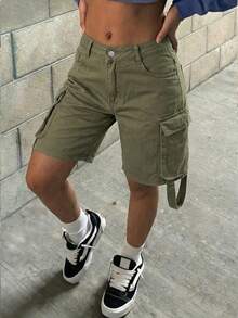 (Cotton Available) Women's Straight Leg Cargo Denim Capri Pants Casual - Olive Green - View 2