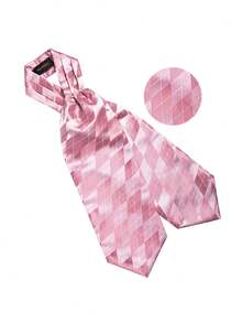 Conjunto de 4 piezas para hombre con corbata Ascot, pañuelo de bolsillo, gemelos y anillo dorado con patrón geométrico de diamantes en color rosa para boda y fiesta - Rosa - Ver 4