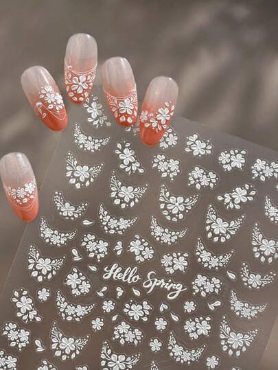 1pc 5D Embossed Spring White Flower Nail Art Stickers Kawaii French Exquisite Flower Nail Decorations Manicure Decals DIY