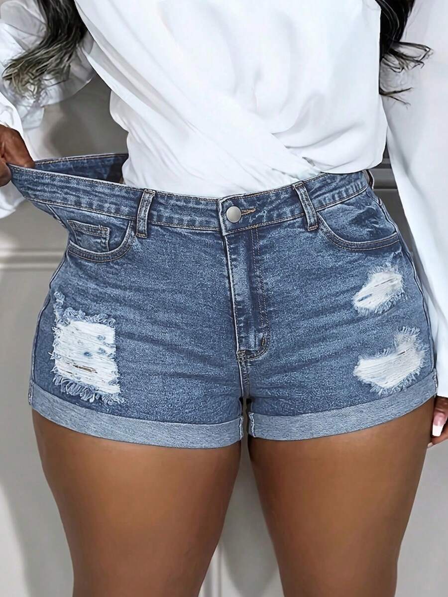 Womens High Waisted Stretchy Denim Dressy Sexy Butt-Lifting Shorts(The Size Is Too Small, It Is Recommended To Take One Size Larger) - 中藍色 - 查看 1
