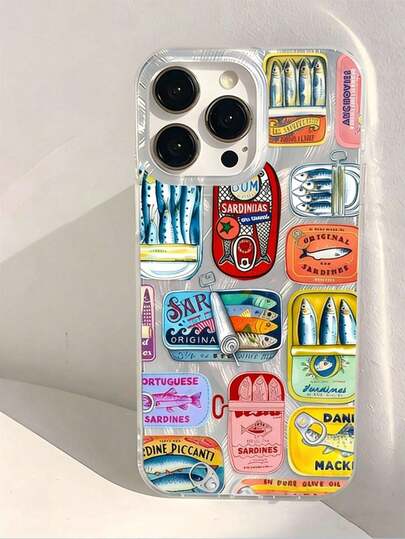 复古趣味彩色沙丁鱼罐头图案手机壳，银色透明加厚保护套，适用于苹果11/12/13/14/15/16 Pro Max
