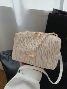 1pc Women's Fashion Solid Color Straw Handbag, Commute & Vacation Straw Shoulder Bag, Suitable For Shopping, Vacation - Beige - View 11