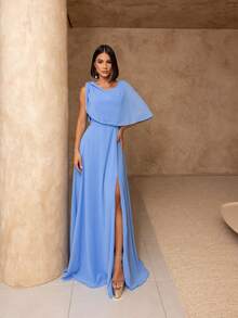 Elegant Long Chiffon Party Dress For Bridesmaids At A Wedding. - Màu xanh thanh bình - Xem 1