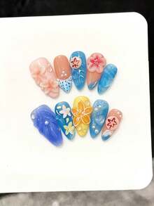 10 pièces d'autocollants d'ongles en forme d'amande sculptés à la main dans un style océanique de méduses 3D, décalcomanies d'ongles artisanales dans un style Y2K, convenant pour les fêtes, le port quotidien, la Saint-Valentin, la Fête des Mères. Faux ongles à presser - Bleu azur - Voir 8