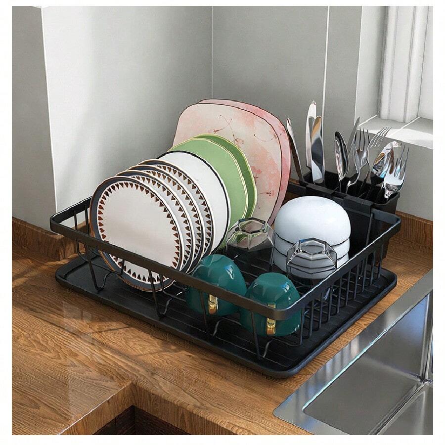 Over Sink Dish Drying Rack, Single-Tier Dish Drainer With Cutlery Holder, Space-Saving Kitchen Countertop Storage Rack, Rust-Resistant - Black - View 1