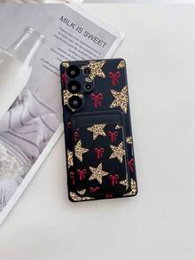 1 pieza Funda de teléfono a prueba de golpes de Body completo con diseño de estrella y lazo rojo de estampado de leopardo en TPU negro y 1 pieza Soporte de tarjeta adhesivo con diseño de estrella y lazo rojo de estampado de leopardo negro, 2 en 1 moda versátil creativa protección completa a prueba de polvo y agua, funda suave compatible con iPhone/Android - Multicolor - Ver 5