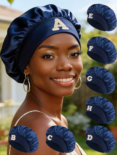 1 chiếc mũ trùm đầu bằng satin màu xanh hải quân in chữ cái A-Z dành cho nữ, sang trọng, bóng bẩy và thoải mái, phù hợp cho việc chăm sóc tóc hàng ngày, gội đầu tại nhà, chải chuốt ban đêm, tạo kiểu tóc khi đi làm, trang phục hẹn hò, liệu trình SPA, làm việc tại nhà.