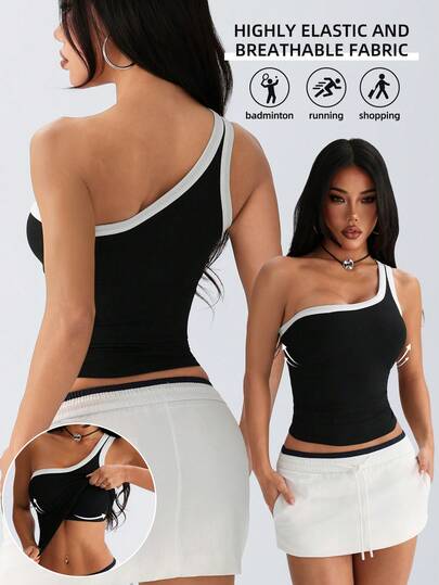 1pc Convertible Sleeveless Top With Built-In Cup Holder, Colorblock Asymmetric Neck Camisole Top, Versatile For Spring, Summer, Autumn & Winter