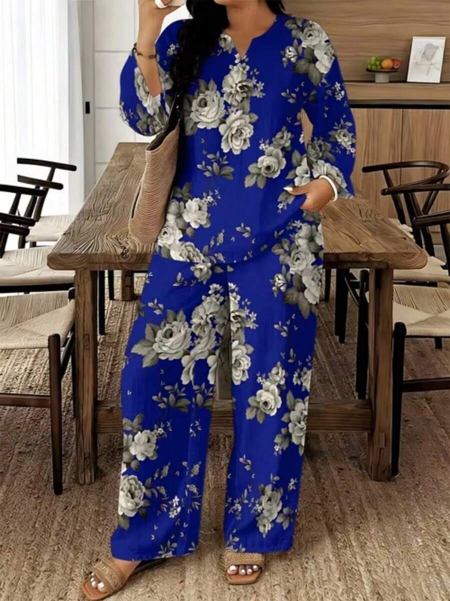 Ne Piece Women's Elegant Retro Woven Fabric Generous Elegant Suit For Mother, Summer Daily Commute, Royal Blue Base White Rose Print Temperament, Plus Size Women's Pointed Collar Short Sleeve Long Pants Set - 彩色 - 查看 1
