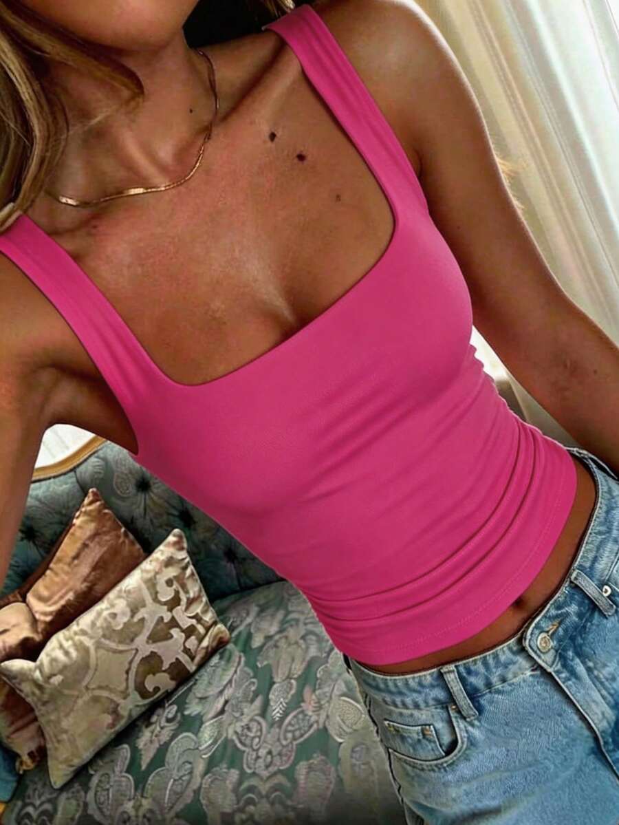GAOVOT Women's Sexy Spaghetti Strap Tank Top, Casual Y2K Style Square Neck Camisole Summer - Hot Pink - View 1