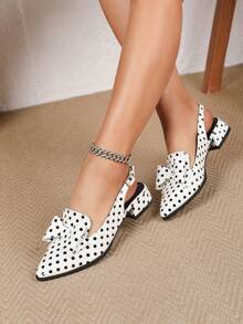 女士尖头高跟穆勒鞋，饰有蝴蝶结和波点图案，夜店风格蝴蝶结搭扣派对鞋，舒适易穿的露趾波点凉鞋 - 白色 - 查看 5