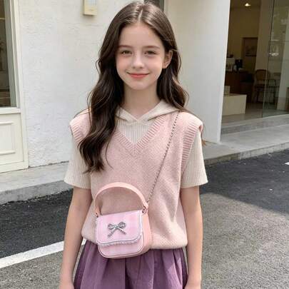 1pc Girl's Bow PU Magnetic Closure Cute Handbag With Chain Strap, Suitable For Daily Use All Seasons