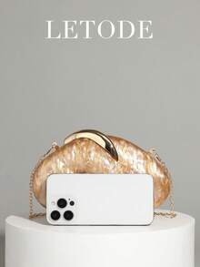 Asymmetrical Shaped Marble Pattern Acrylic Clutch Bag, Women's Evening Bag, Wedding Party Handbag, Acrylic Shell Box Bag, Spring/Summer - Gold - View 7