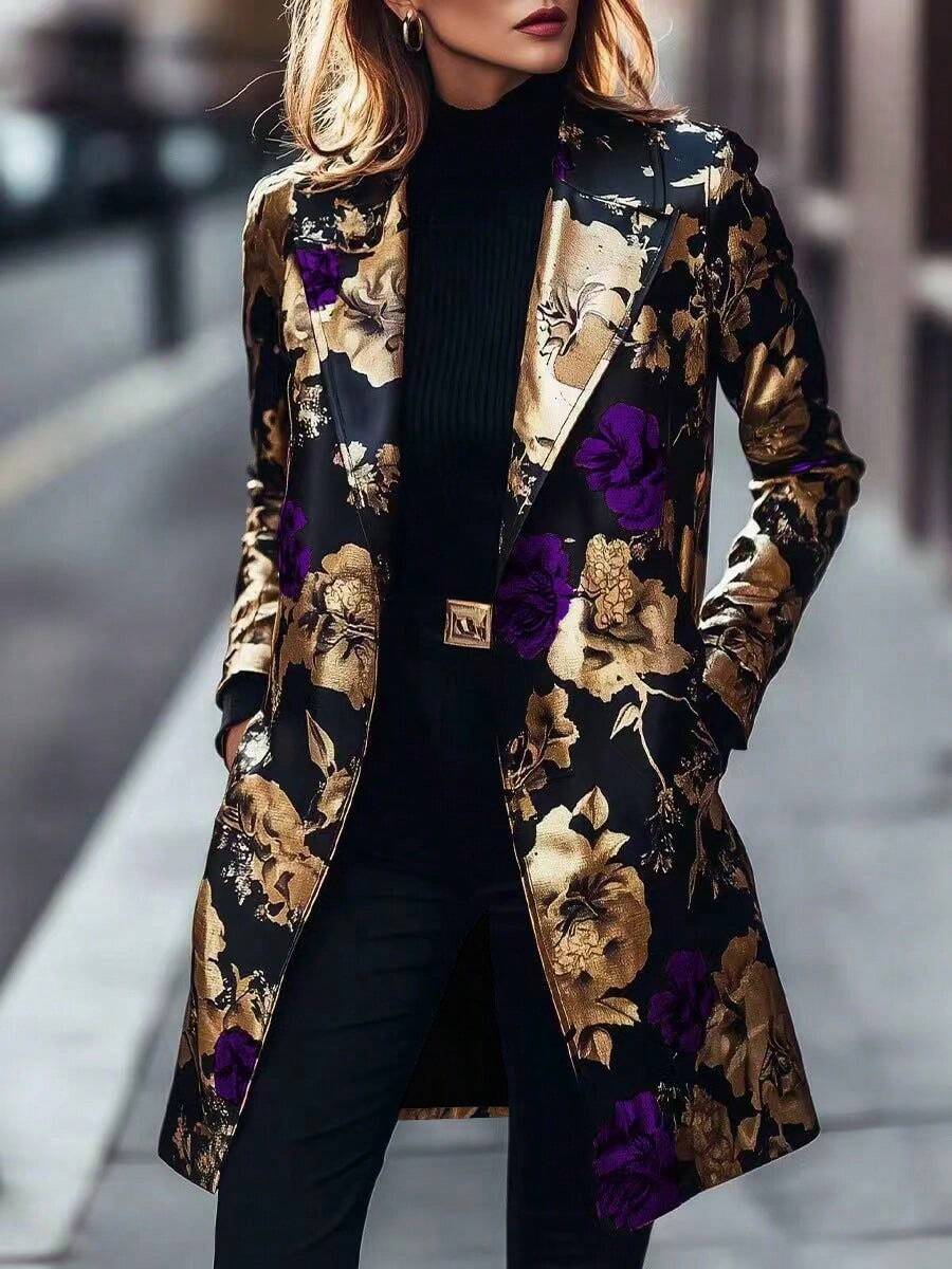 Women's Spring/Fall Fashionable Retro Floral Print Long-Sleeve Mid-Length Blazer With A Notched Collar - Màu tím - Xem 1