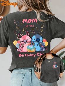 Disney License T Shirts,Disney Lilo & Stitch Angel Stitch Graphic T-Shirt For Women, Casual Loose Fit Mom Of The Birthday Girl Print Short Sleeve Tee, Cute Disney Birthday Party Top, Family Matching Mommy & Me Outfit,  Gift Daily Wear Summer Fashion Top ,Camiseta, Summer Outfits For Women, Summer Clothes, Summer Tops, Tops For Women, Festival Outfits, Summer Tops For Women, Mother's Day, Mother's Day Clothing, Gifts For Family And Friends, Spring Outfits For Women, Officially Licensed Disney T-Shirts, Disney Men's And Women's Spring/Summer Fashion Casual Short-Sleeve T-Shirts - 灰色 - 查看 1