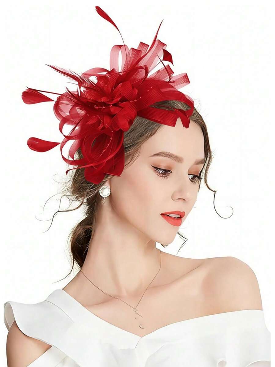 1 Pc Fascinators Hat For Women Tea Party Headband Kentucky Derby Wedding Flower Mesh Hair Clip - Red - View 1