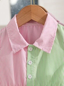 Vestido camisero casual de niña con rayas y parches, para primavera/verano - Verde - Ver 3