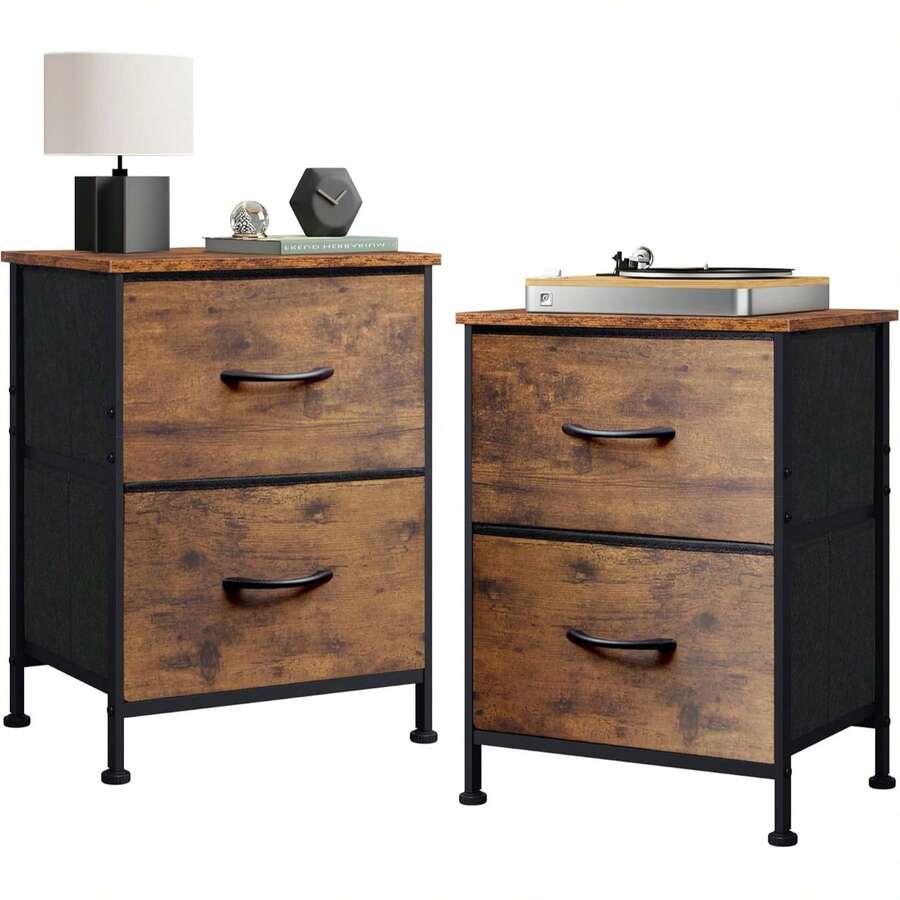 Night Stand Set Of 2, Small Dresser With 2 Drawers & Wooden Top, Nightstand With Fabric Bins, Bedside Table End Table For Bedroom, Closet, Entryway, College Dorm, Rustic Brown - 鏽棕色 - 查看 1