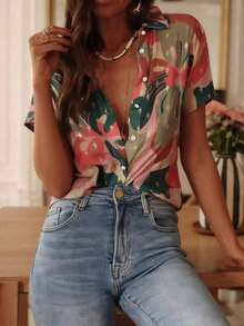 YI XUAN Standard Size Women's All-Over Print Short Sleeve Blouse, Spring/Summer Tie-Front Shirt Top Vacation - Multicolor - View 4