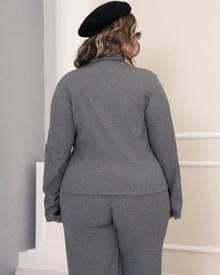 Women's Plus Size Winter Set, Plain, Consisting Of Wide-Leg Pants And A Zippered Top In Ribbed, Fleece-Lined Knit Fabric. - Grey - View 7
