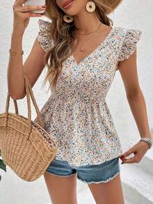 Women's Floral Ruffle Sleeve V-Neck Tie Front Backless Woven Blouse Summer - Multicolor - View 3