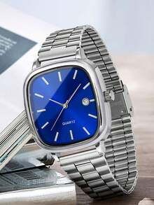 Set Jam Tangan Bisnis Pria Mewah 2 Buah, Termasuk Dua Jam Tangan dengan Tali Stainless Steel Persegi Warna Putih dan Biru, Penanda Bar Minimalis dengan Desain Jendela Tanggal. - MultiWarna - View 4