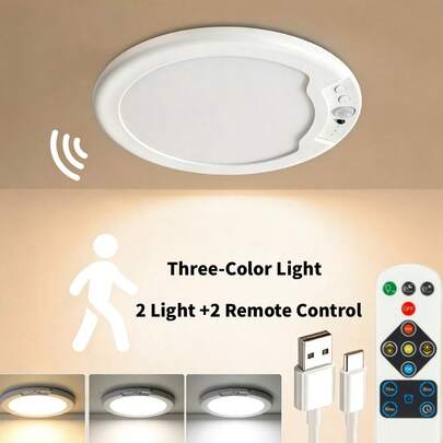 2pcs/1PC Rechargeable Ceiling Light With Remote, LED Light, Wall Light, Night Light, Kitchen Essentials, Motion Sensor Dimmable Timing Motion Activated Overhead Shower Light For Bathroom Pantry Hallway Porch, Room Decor, Lights For Room, Interior, Bedroom, Living Room, Home Decor, Wall Decor,4000Mah