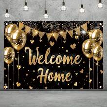 Welcome Home - Telón de fondo de 71 x 43 pulgadas, color negro y dorado, con globos de corazón, para decoración de fiesta, decoración de pared para interiores y exteriores, reunión familiar - 1 - Ver 3