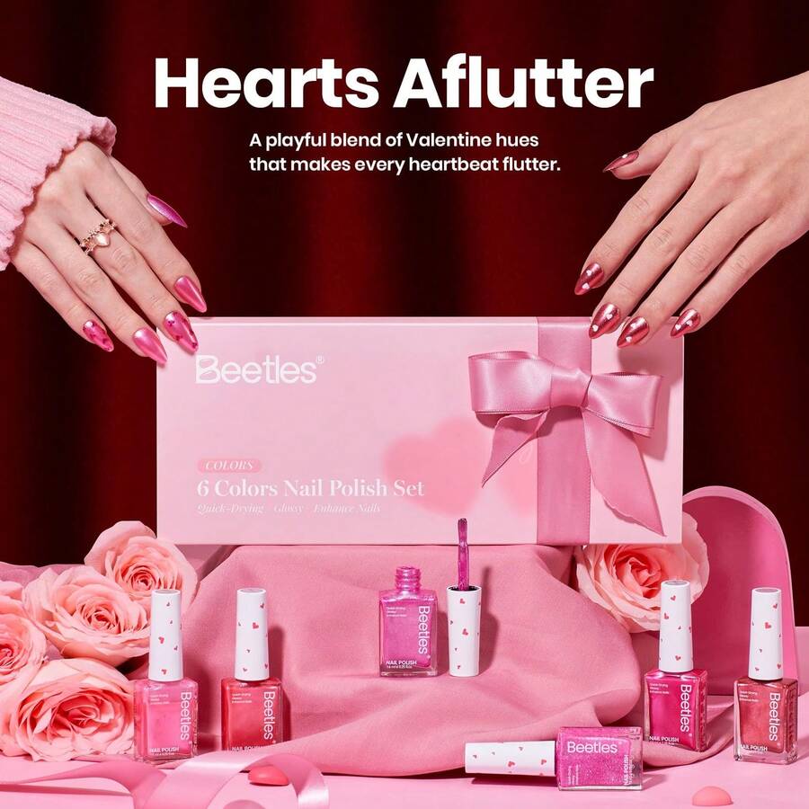 Beetles 6 Colors 7.5ml/0.25 Fl Oz Nail Polish Set - Love In Echo Quick Dry Spring Formula, Salon Long Lasting DIY Pastel Nail Art Gifts For Women - 6 Colors Hearts Aflutter - 查看 1
